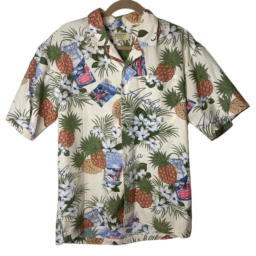 NEWT Honolulu Vintage Mens Shirt Size Medium White Green Tropical Print Aloha